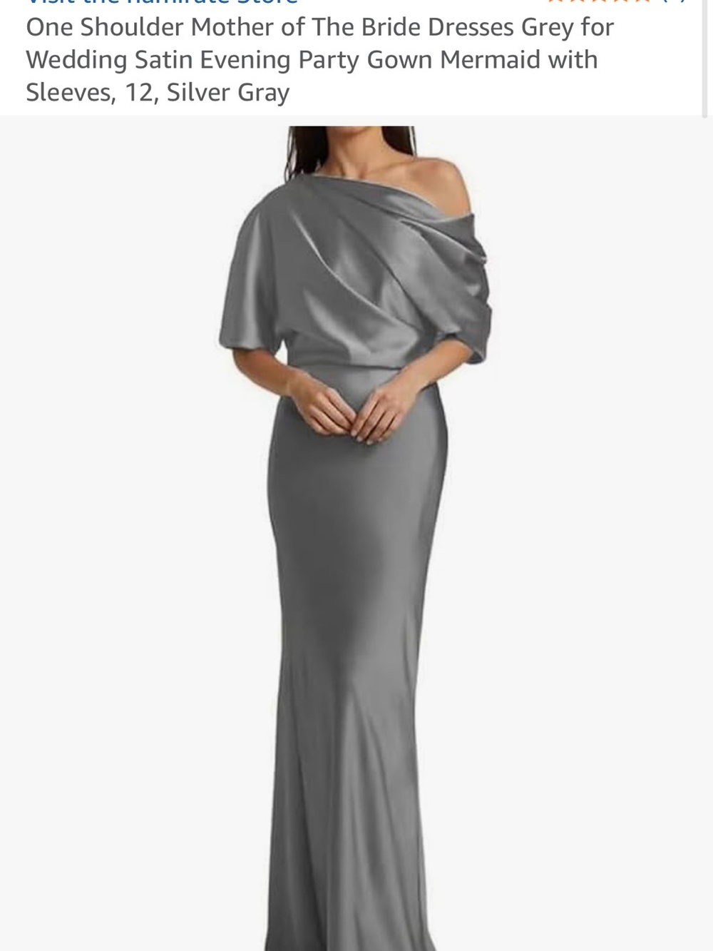 Off-Shoulder Satin Evening Gown in Silver Gray